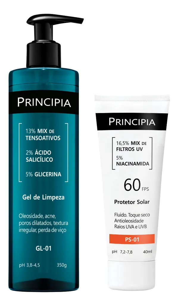 Principia Kit Gel de Limpeza GL-01 + Protetor Solar Facial PS-01 FPS 60 Limpeza e Proteção Solar